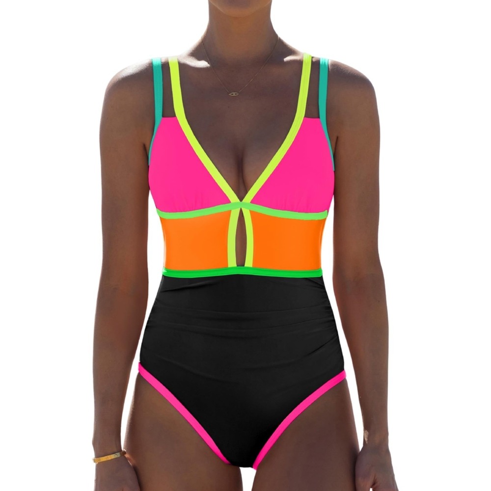 NWT Popvil Neon Color Block One Piece Swimsuit Tummy Control Cutout Small